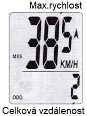 MAXIMÁLNÍ RYCHLOST A CELKOVÁ VZDÁLENOST (ODO) Stiskněte MODE pro přepnutí obrazovky dle obrázku níže. 1. Horní řádek označuje maximální rychlost a spodní řádek celkovou vzdálenost. 2.