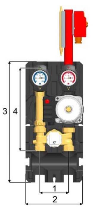 8) Technický nákres a rozměry: 1) Rozteč 90 mm 2) Šířka izolace 180 mm 3) Výška izolace 385 mm 4) Délka modulu 255 mm A-1 Přívod