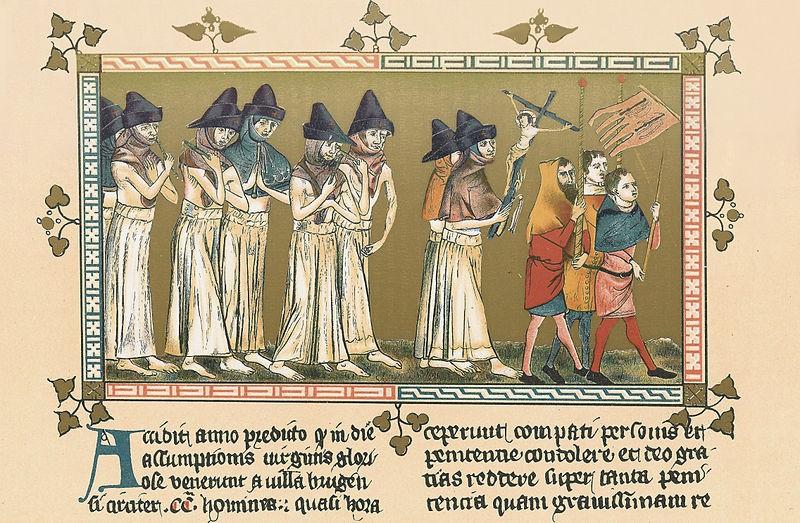 4 Příloha 4. Průvod flagelantů. Doornik. Autor neznámý, r.1349. Miniatura z The Chronicles of Gilles Li Muisis.