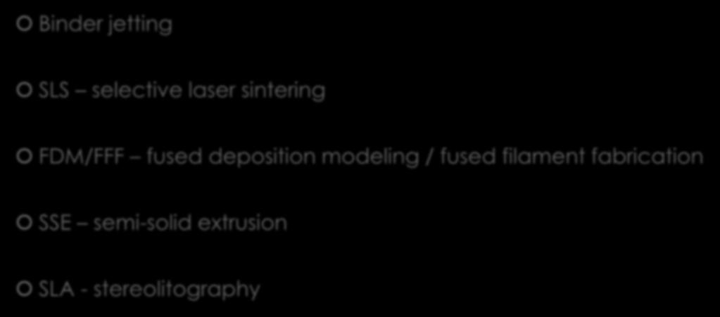 Typy 3D tisku využitelné ve FT Binder jetting SLS selective laser sintering FDM/FFF fused