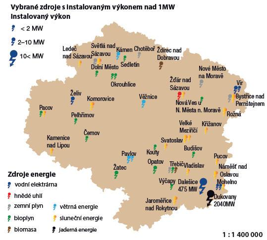 Obr. 5.1.2: Vybrané zdroje elektrické energie s instalovaným výkonem nad 1 MWe Zdroj dat: Podkladové materiály pro zpracování aktualizace ÚEK Kraj Vysočina, MPO, 2016.