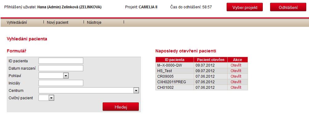 4 Vyhledávání pacienta Pro vyhledávání již registrovaného pacienta/pacientů existují dvě možnosti (viz tlačítko Vyhledávání - zelená elipsa na obr.