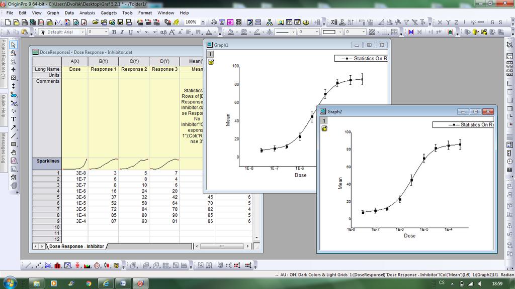 Mean Mean 1. Téma úlohy 1 5.2. Spojnicové 2D grafy 1.1. 5.2.1 Jednoduchý 2D graf pro každou vrstvu 1.1.1 Data \Samples\Curve Fitting 1.1.2 Jednoduchý 2D graf pro každou vrstvu Graph 1 1 Graph 2 Statistics On Rows of [Dose Response - No Inhibitor.