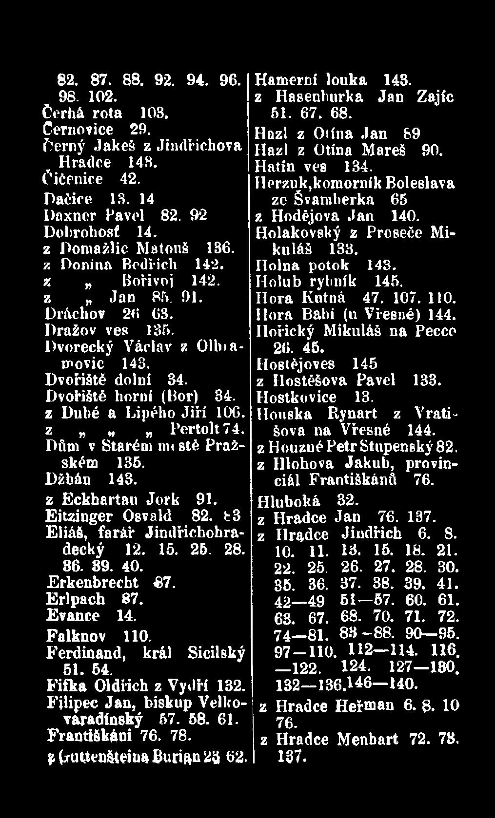 z Donína Bedřich 142. Ilolna potok 143. z Bořivoj 142. Holub rybník 145. z Jan 8fv 91. Hora Kutná 47. 107. 110. Drácliov 26 03. Hora Babí (u Vřesné) 144. Dražov ves 135.