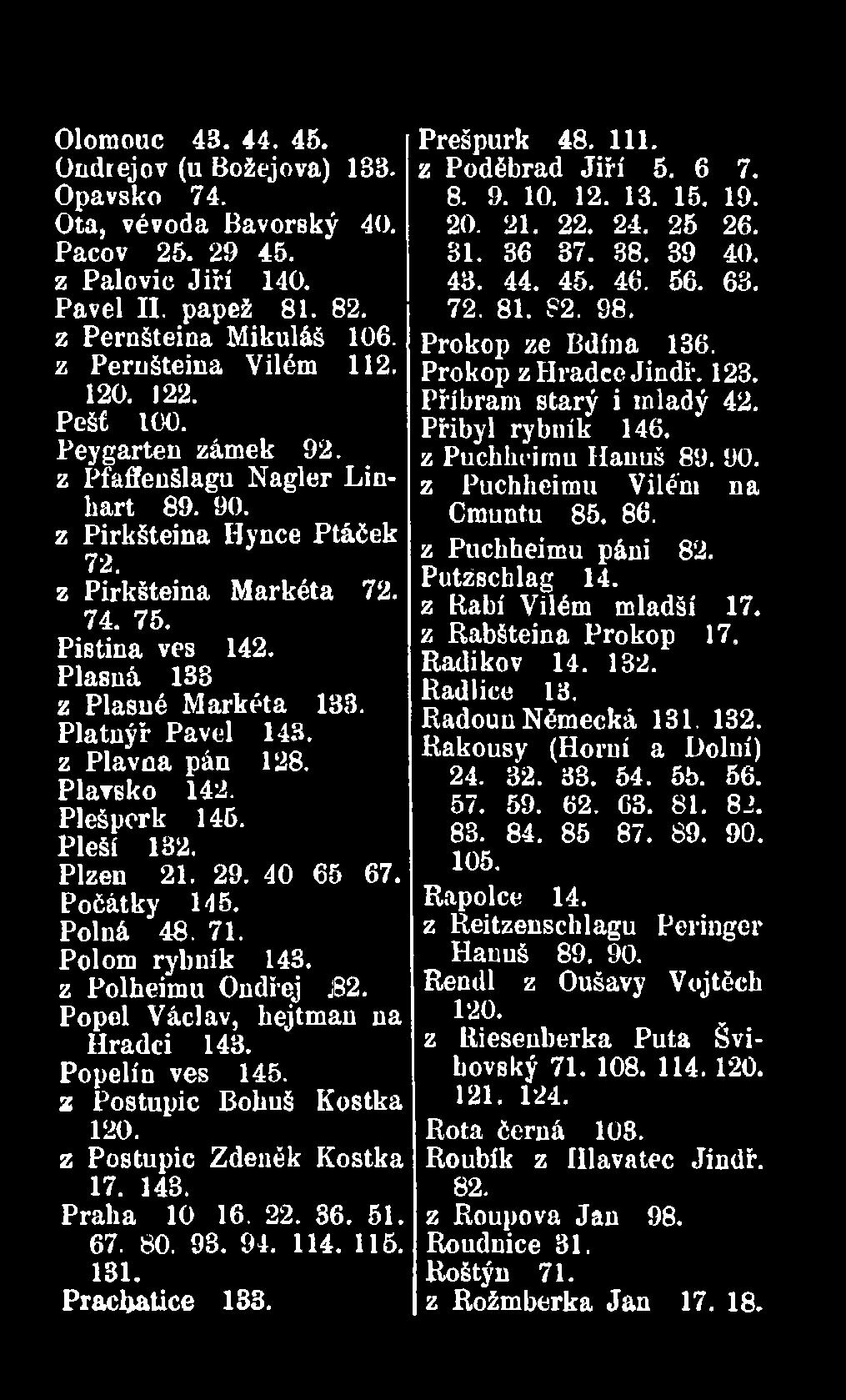 Platnýř Pavel 143. z Plavna pán 128. Plavsko 142. Plešperk 145. Pleší 132. Plzeň 21. 29. 40 65 67. Počátky H 5. Polná 48. 71. Polom rybník 143. z Polheimu Ondřej JB2.