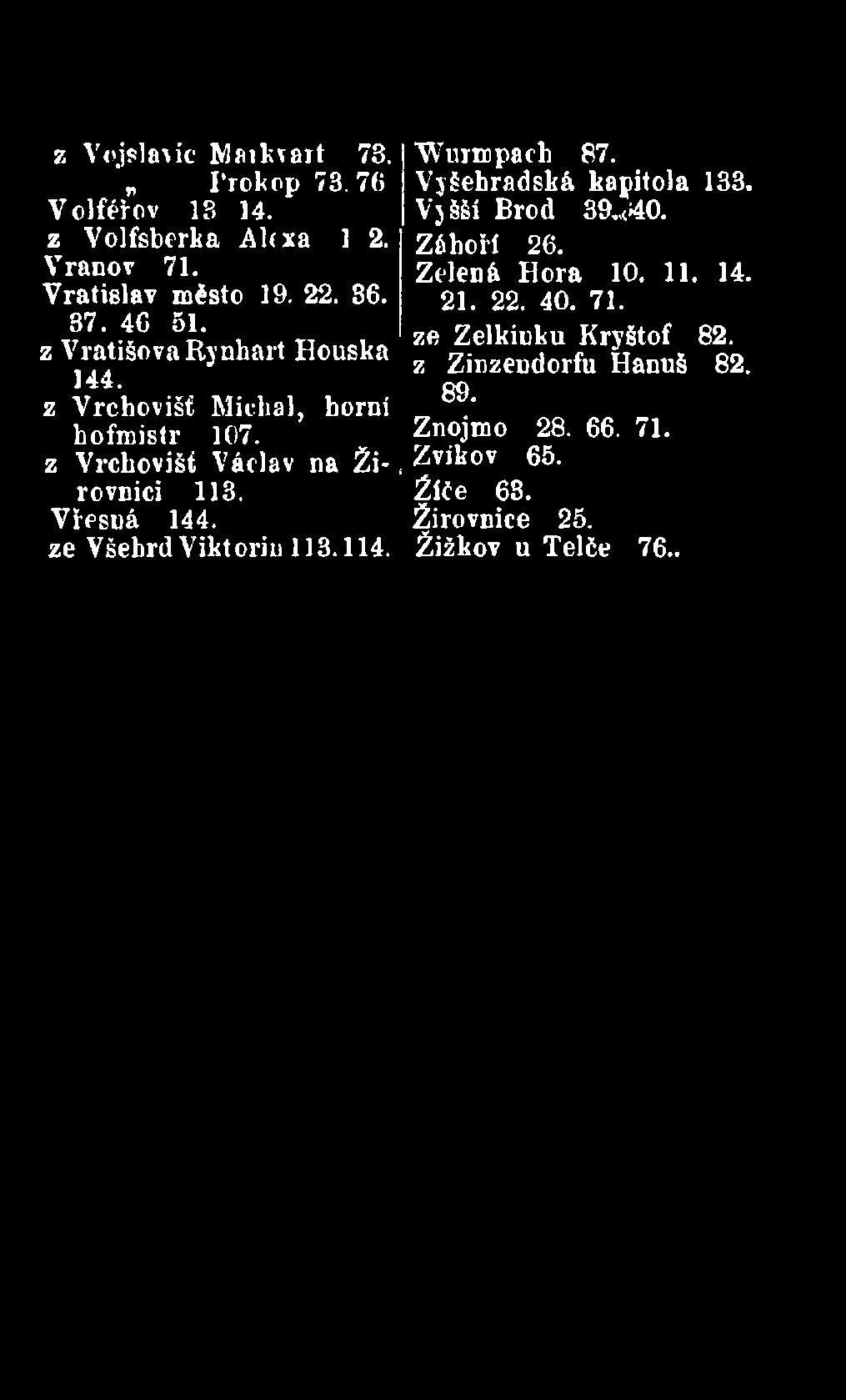 ze Všehrd Viktóriu 113.114. Wurmpach 87. Vyšehradská kapitola 133. VySSí Brod 39^40. Záhoří 26. Zelená Hora 10. 11. 14. 21. 22.