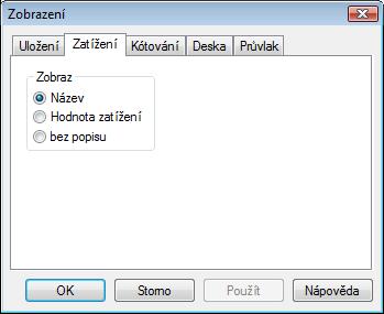 13.2 Zatížení Na záložce Zatížení je možno nastavit způsob zobrazení zatížení. K dispozici jsou tři možnosti: Při volbě Název bude zobrazeno zatížení s názvy a šipkami jeho složek.