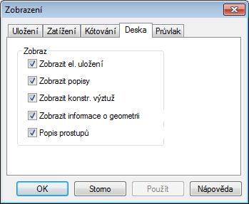 Kótovány jsou všechny viditelné objekty. Přičemž řetězce kót nahoře (vlevo) se vztahují k celkovému systému, resp. deskám, řetězce kót dole (vpravo) pak k uložení resp. prostupům.