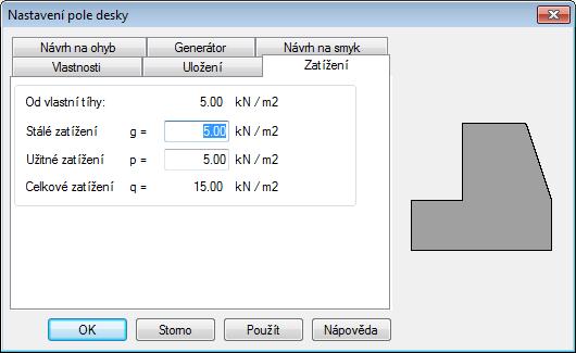 Pokud je aktivní možnost Zohlednit vlastní hmotnost v menu Nástroje Možnosti..., je zobrazeno zatížení desky vlastní hmotností, stanovené na základě tloušťky desky a měrné hmotnosti zvoleného materiálu.