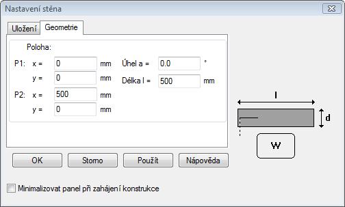 v menu Deska. Pouze s tou výjimkou, že zde je na kurzoru zavěšen vždy počáteční bod stěny. Konstrukce je i zde podporována panelem Nastavení stěny se dvěma záložkami. 6.2.