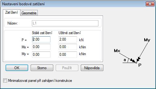 8.1.1 Geometrie Na této záložce je možno zadávat polohu bodového zatížení a jeho úhel, kterým je dána orientace momentových složek, obojí v konstrukční rovině.