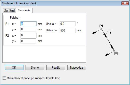 Menu Zatížení Liniové zatížení nebo prostřednictvím panelu nástrojů: Způsoby konstrukce přes dialog a přes položku se chovají analogicky ke způsobům konstrukce v menu Deska.