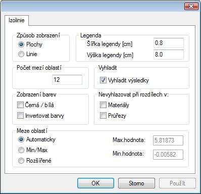 Menu Výsledek Výsledky na hranách Po kliknutí na tlačítko Nastavení se otevře panel Izolinie, ve kterém je možno nastavit parametry zobrazení izolinií. K dispozici jsou 2 různé Způsoby zobrazení.