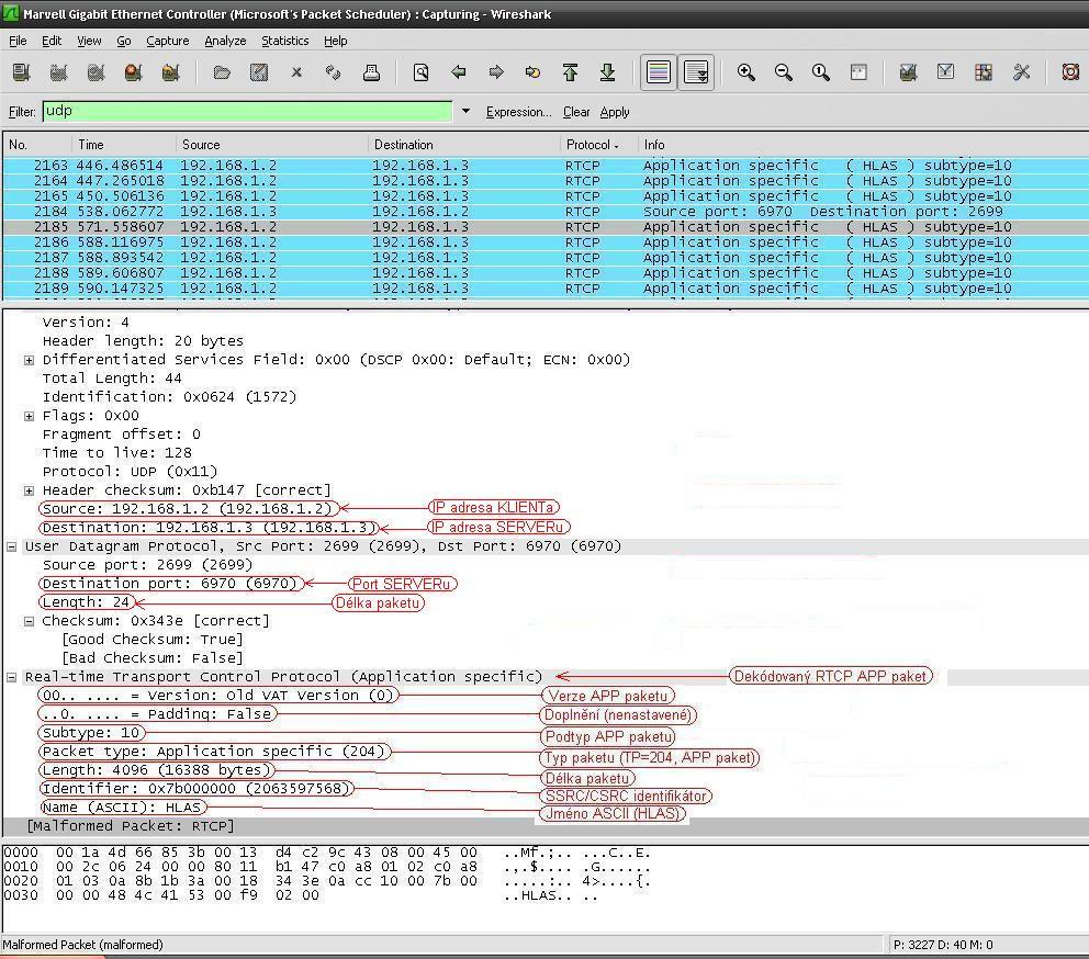 Obr. 4.19: Zachycený RTCP paket programem Wireshark 4.1.4.1 Popis programu KLIENT Klient si před spuštěním hlavní funkce main() definuje čtyři další funkce na které se v programu odkazuje.