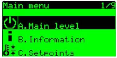 6.4.2 Navigace v hlavním menu Volba požadované úrovně pomocí tlačítek,