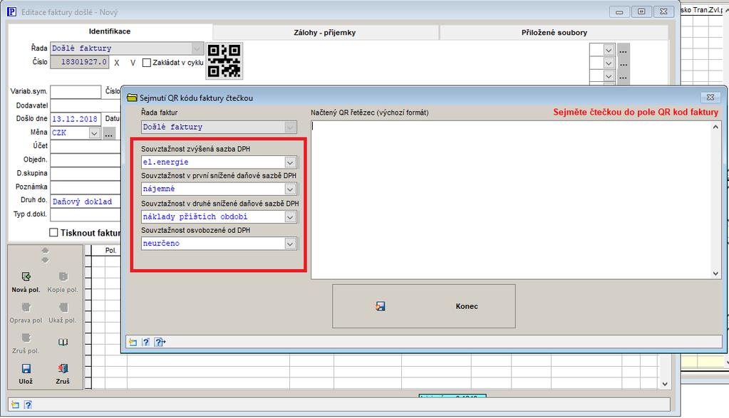 V případě skenování deníku došlých faktur se vám otevře formulář, kde si pro danou řadu faktur můžete nastavit předkontace na údaje, které jsou obsaženy v QR