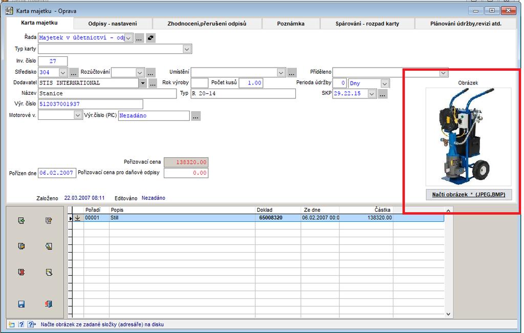 Kmenový soubor majetku V kartě majetku lze nyní založit fotografii pořizovaného majetku ve