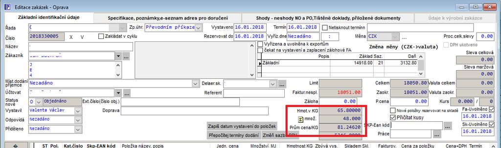 ZMĚNY ODBYT Obchodní zakázky V hlavičce obchodní zakázky nyní vidíte sumu váhy, sumu