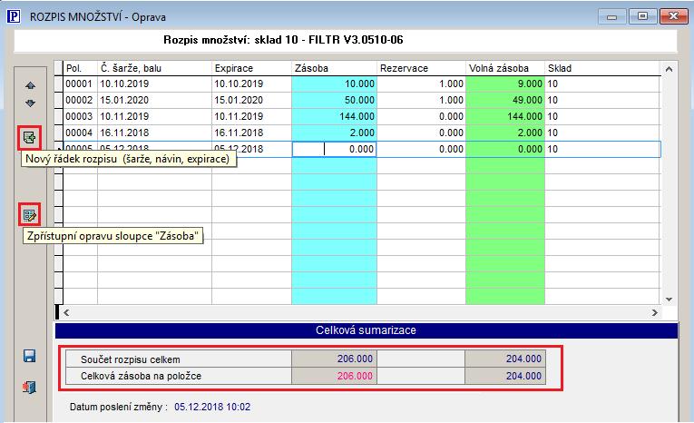rozpisu množství můžeme zakládat novou šarži (expiraci) a případně dělat opravy množství zásoby