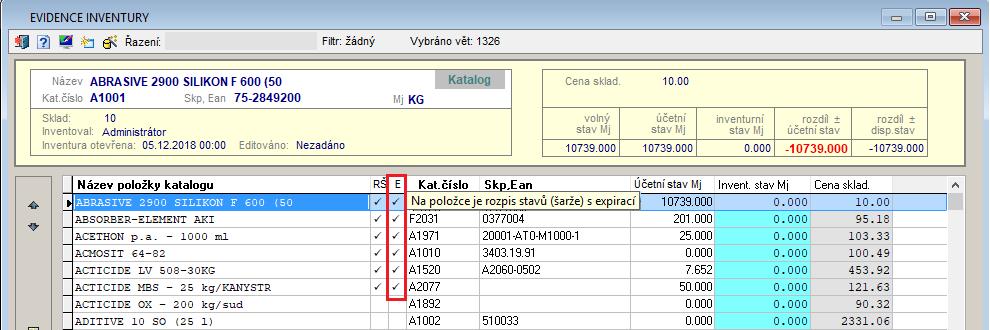 Ostatní manipulace inventury Identifikace rozpisu množství (šarže s