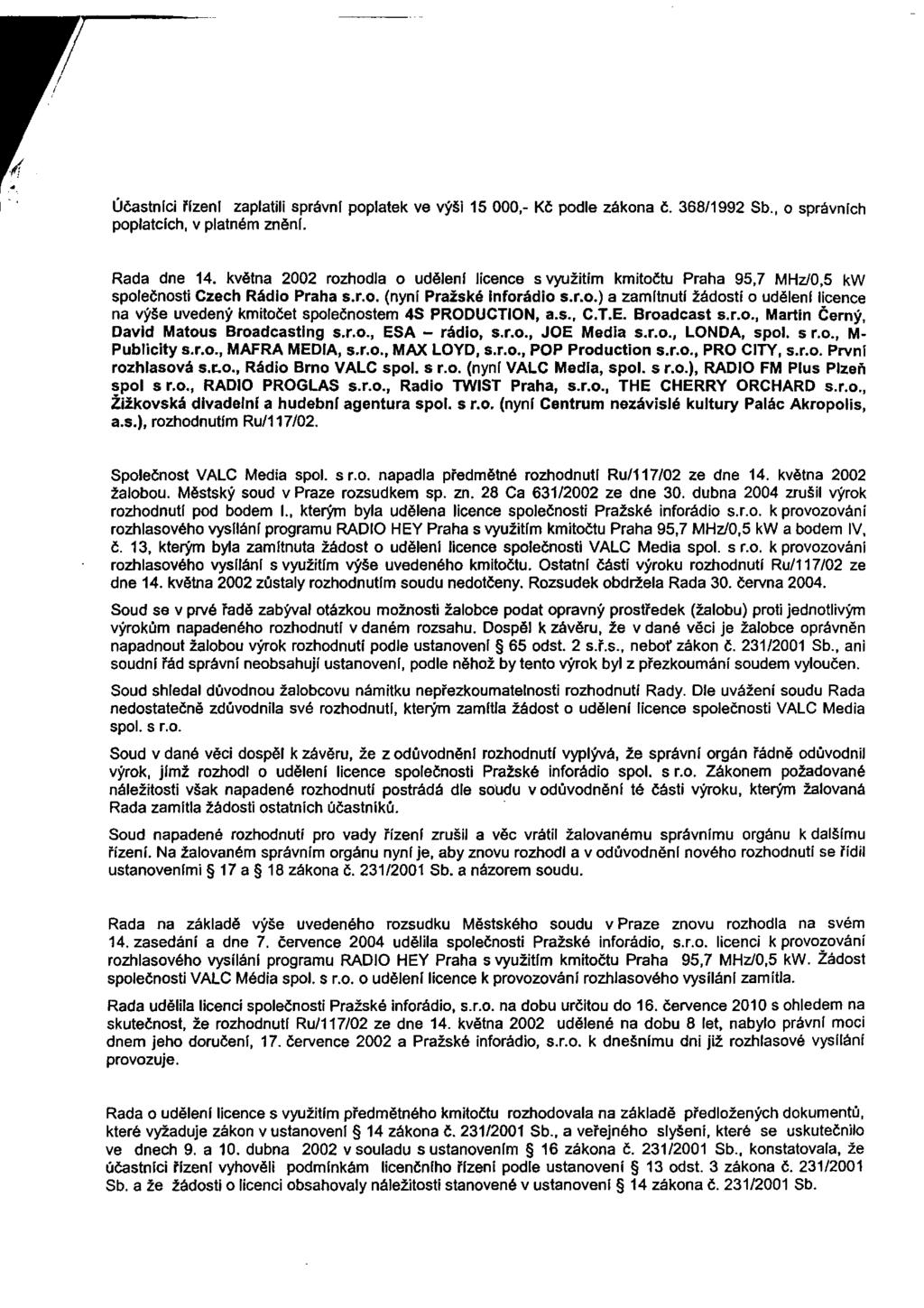 Účastníci řízení zaplatili správní poplatek ve výši 15 000,- Kč podle zákona č. 368/1992 Sb., o správních poplatcích, v platném zněni. Rada dne 14.