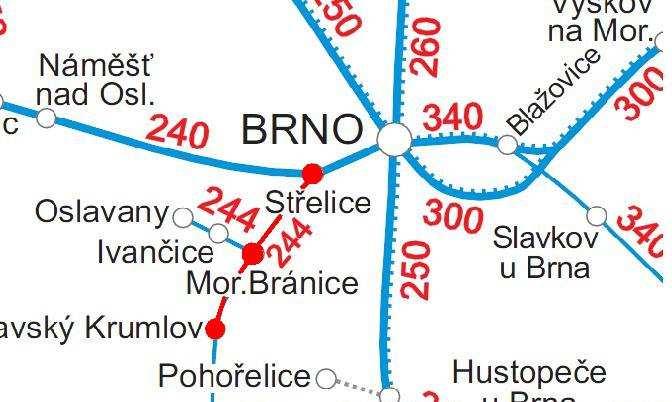 2 Současný stav 2.1 Seznámení s úsekem Řešený traťový úsek Střelice (km 142,300) Moravský Krumlov (km 122,700) se nachází jihozápadně od Brna.