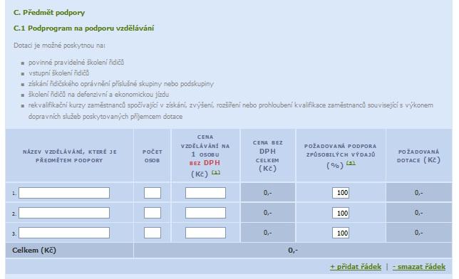 Předmět podpory V této části (jednotlivých podprogramech) žadatel vyplňuje konkrétní položky, které má v úmyslu pořídit za přidělenou podporu.