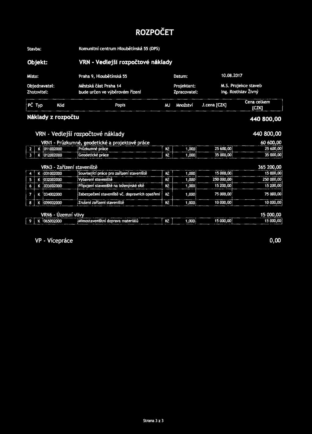 ROZPOČET Stavba: Komunitní centrum Hloubětínská 55 (DPS) Objekt: VRN - Vedlejší rozpočtové náklady Místo: Praha 9, Hloubětínská 55 Datum: 10.08.