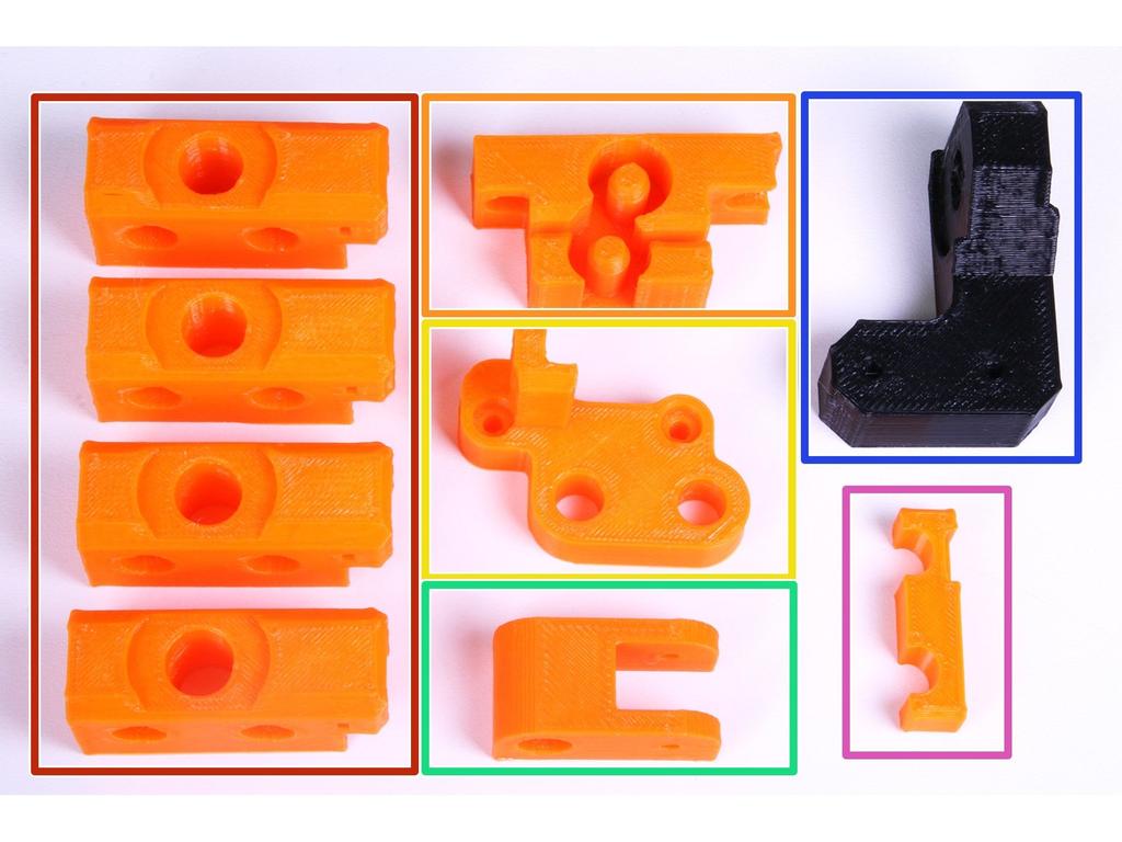 Y-idler (držák napínací kladky osy Y) PSU-Y-part (úchyt zdroje) Y-motor-distance (vzpěra motoru osy Y) 3D vytištěné