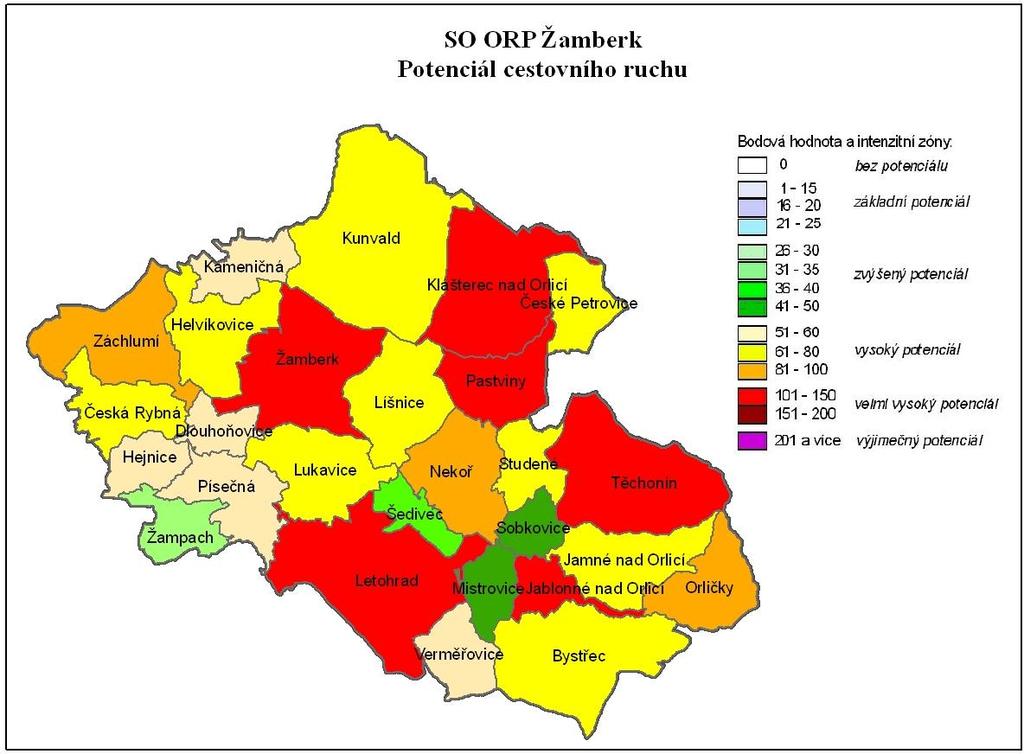 Obrázek č. 3.9.1: Potenciál cestovního ruchu obcí SO ORP Žamberk Zdroj: Ústav územního rozvoje Brno, 2001 3.9.1 Rekreační potenciál regionu 3.9.1.1 Přírodní podmínky vhodné k rozvoji rekreace Přírodní podmínky v regionu nabízejí řadu příležitostí především pro pěší turistiku a cykloturistiku.