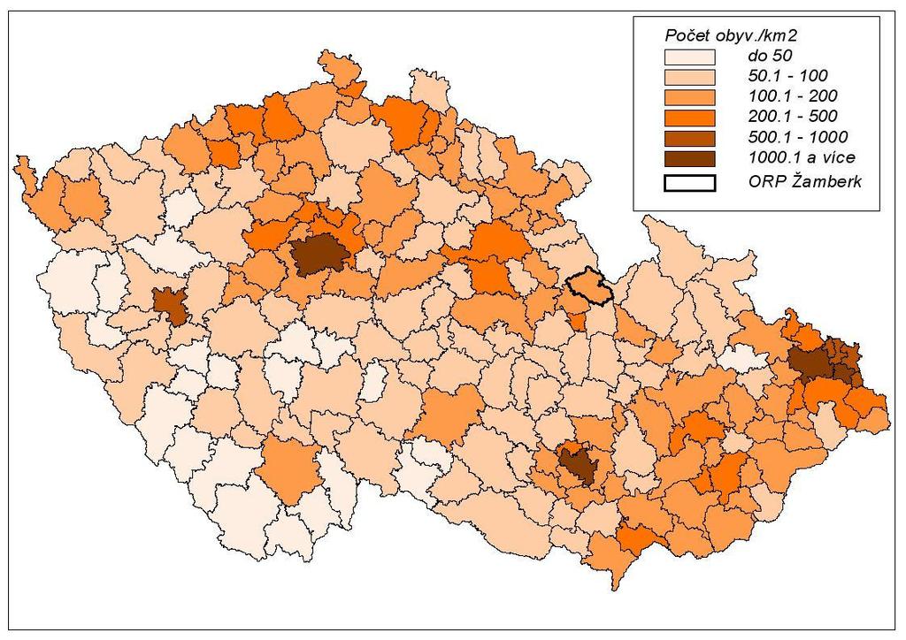 Obrázek č. 3.7.1: Hustota zalidnění dle ORP ČR k 31.