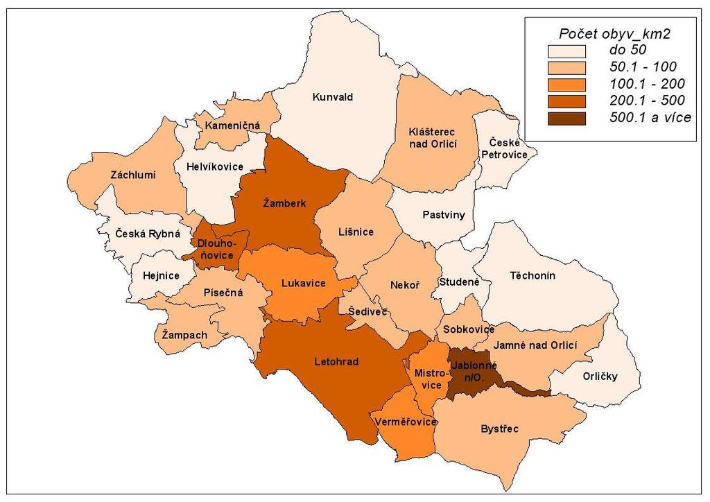 Obrázek č. 3.7.3: Hustota zalidnění v obcích ORP Žamberk k 31.12.2009 Zdroj dat: ČSÚ, Běžná evidence obyvatelstva 3.7.2 Demografický vývoj V Pardubickém kraji žilo k 31.12.2009 celkem 516 329 obyvatel.