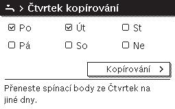 1O Nastavení teploty/provozního režimu pro časový úsek Pokud je pod bodem menu Vytápění > Časový program > Druh časového programu aktivní nastavení Volně nastavitelná teplota: Otevřete menu za účelem