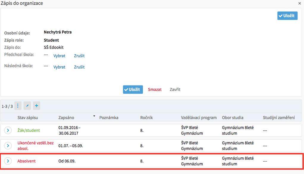 17) Můžeme detail studenta zavřít 18) Takto postupně přidáme absolventský stav ke všem