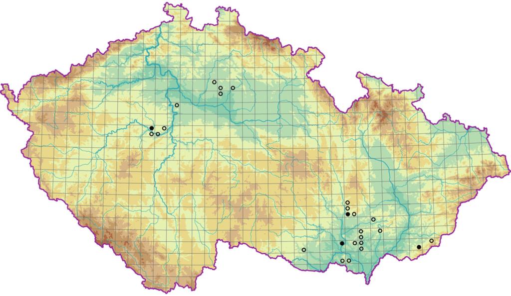 Obr. 100. Rozšíření asociace LBB04 Primulo veris-carpinetum betuli. Fig. 100. Distribution of the association LBB04 Primulo veris-carpinetum betuli.