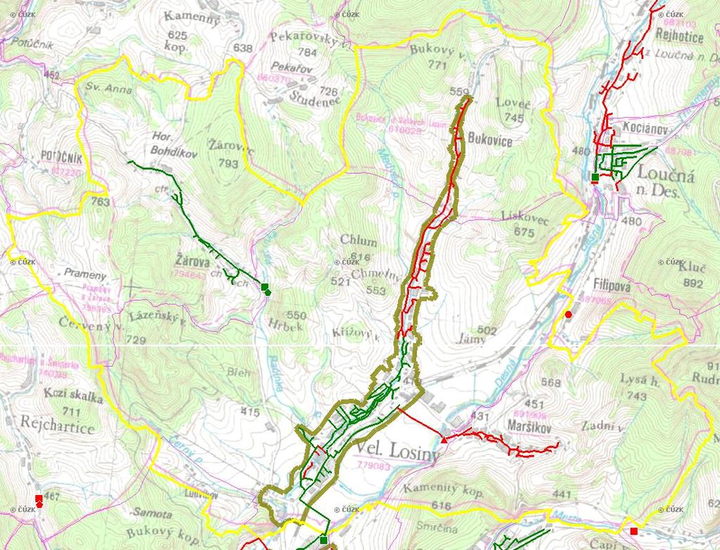 E. KANALIZACE A ČOV Mapa E1: Kanalizace - rozvody v obci Trasování sítí, lokalizace ČOV, čerpací stanice (ČS), výústě Obec: Velké Losiny Legenda: Kanalizace: Ochranné pásmo: Vyústění: do 2015 po 2015