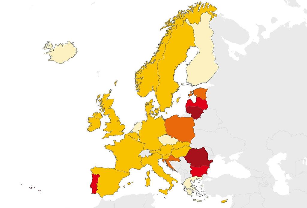 TB notifications, EU/EEA, 215 6 195 TB cases in 3 EU/EEA countries Notification rate of 11.7 per 1 population (range 2.1 76.