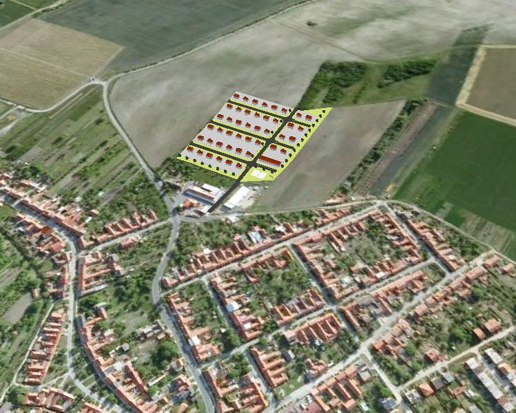 Letecký snímek se zákresem Hodnocení varianty A/: + Jednoduché, logické a přehledné řešení většina budoucích stavebních pozemků má shodné rozměry (jeden z požadavků objednatele US) řešení umožňuje