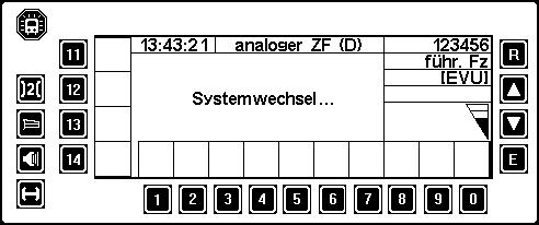 6.2 Přepnutí z analogového rádia na GSM-R Proces přepínání zahajte stiskem klávesy S8 digitální vlakové rádio Digitaler Zugfunk.. Zobrazí se systémové menu.