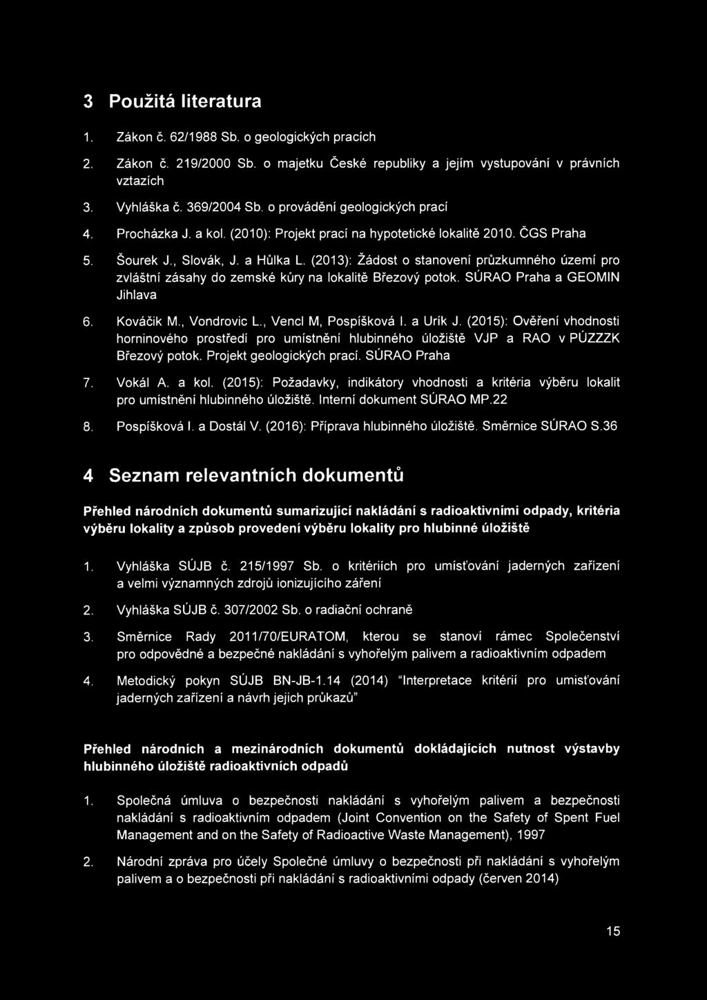 (2013): Žádost o stanovení průzkumného území pro zvláštní zásahy do zemské kůry na lokalitě Březový potok. SÚRAO Praha a GEOMIN Jihlava 6. Kováčik M., Vondrovic L, Venci M, Pospíšková I. a Urík J.