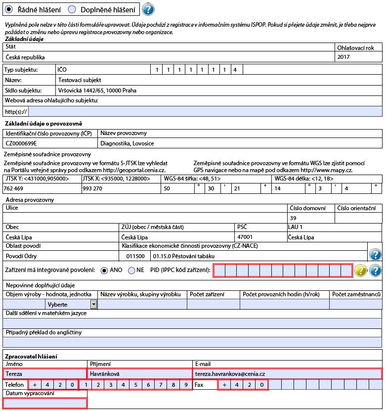 5.3 Strana 1 - Základní údaje - identifikace ohlašovatele a provozovny Typ hlášení Řádné nebo Doplněné (u Doplněného hlášení je nutné uvést Evidenční číslo Řádného hlášení, ke kterému se Doplněné