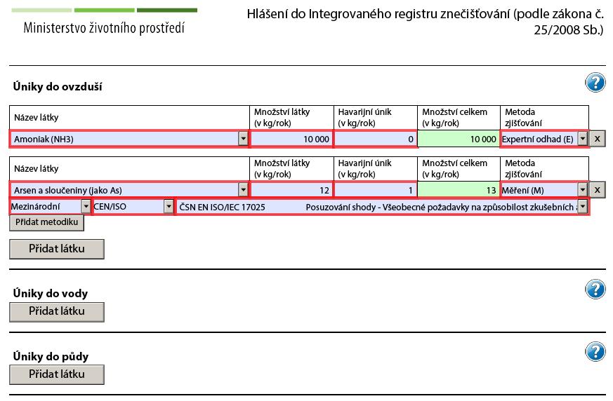 5.5 Strana 3 - Úniky do ovzduší, vody nebo půdy Úniky do ovzduší - po přidání názvu látky vyplnit všechna povinná pole. Pozn.: stejný název látky nesmí být v této sekci zadán duplicitně.