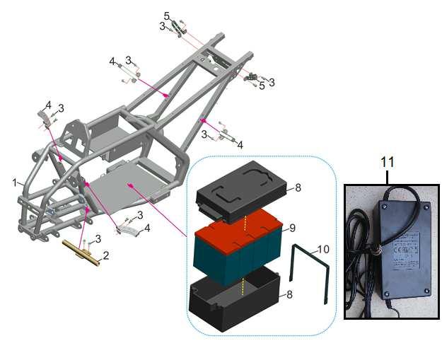 1 541200070 Rám Frame 2 541200071 Držák nášlapu Footrest holder 3 S-06*12 Šroub M6x12 Screw S-06*12 4 541200073 Držák kapotáže Plastic cover support 5 541200074 Držák kapotáže Plastic