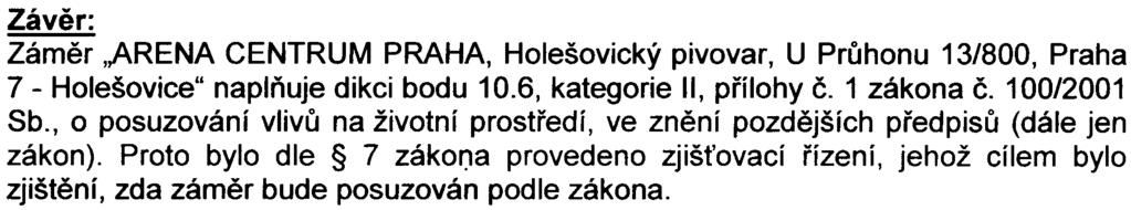 Závìr: Zámìr,ARENA CENTRUM PRAHA, Holešovický pivovar, U Prùhonu 13/800, Praha 7 - Holešovice" naplòuje dikci bodu 10.6, kategorie II, pøílohy è. 1 zákona è. 100/2001 Sb.