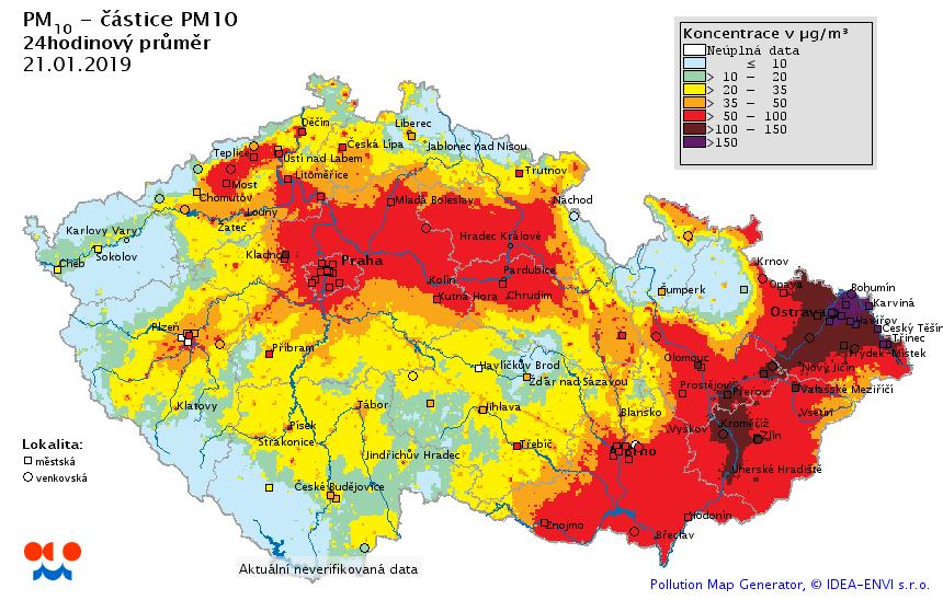 Obr. 8 Pole 24hodinové průměrné koncentrace PM 10, 21. 1. 2019 Obr. 9 Pole 24hodinové průměrné koncentrace PM 10, 22. 1. 2019 Obr. 10 Pole 24hodinové průměrné koncentrace PM 10, 23.