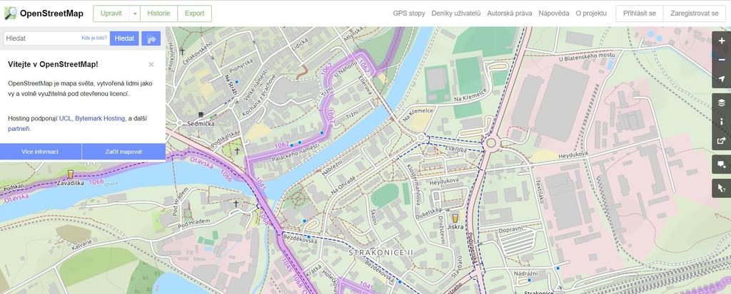 2.2 OpenStreetMap OpenStreetMap je projekt, jehož cílem je tvorba volně dostupných geografických dat a následně jejich vizualizace do podoby silniční mapy, uliční mapy měst atd.