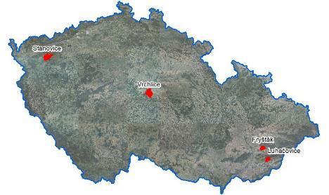 Obr. 1 Povodí vybraná pro k modelování transportu erozního fosforu do vodního prostředí Tab.