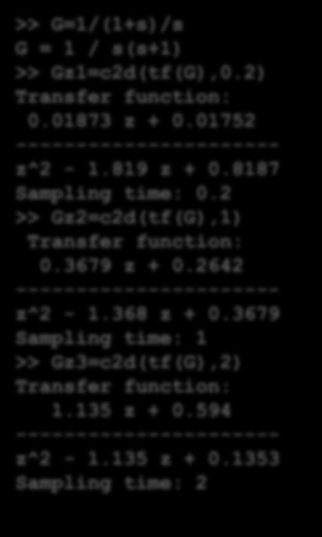 3679 Sampling time: 1 >> Gz3=cd(tf(G),) Tranfer function: 1.135 z + 0.