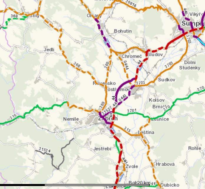 Mapa č. 7 Intenzita dopravy dle sčítání dopravy ŘSD Zdroj: http://scitani2016.rsd.cz V současné době dochází ke zvyšování kapacitních parametrů stávajících komunikací.