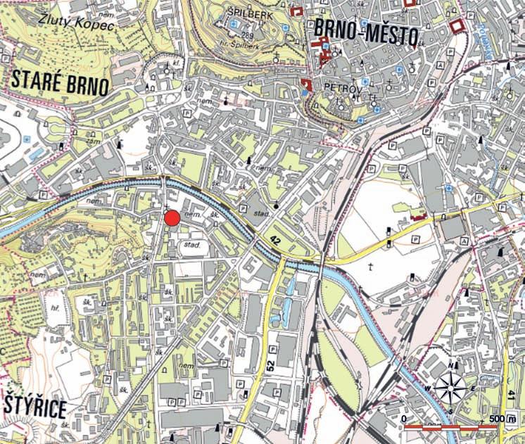 532 PE KA POLCEROVÁ: První pohfiebi tû jevi ovické kultury na Moravû Obr. 1. Brno Polní ulice. Mapka příslušné části Brna s polohou naleziště. Fig. 1. Brno Polní Street.